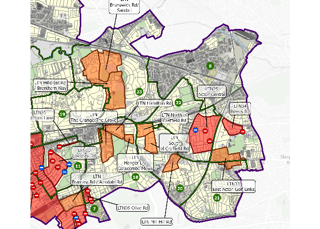 Map showing LTNs planned for the Acton area