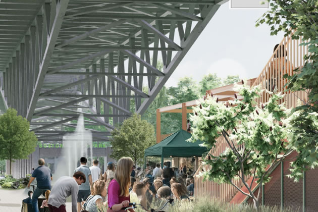 A visualisation of the proposed public space underneath the M4 flyover. Picture: Hadley Property Group