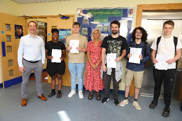 Cllr Lily Bath with successful students at Gunnersbury Catholic School