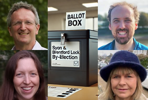 Candidates for Syon and Brentford Lock (clockwise from top left) Theo Dennison (Independent), Michael Denniss (Conservative), Jennifer Prain (Labour), Freya Summerskill (Green). Photos of the Liberal Democrat and Reform candidates were not provided