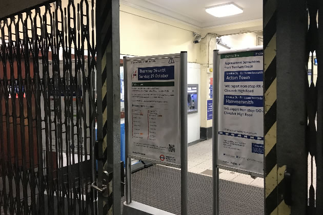 Passengers wishing to travel from Turnham Green are greeted with signs saying there are no trains