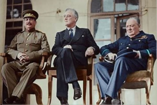 Stalin, Roosevelt and Churchill at a conference during the war