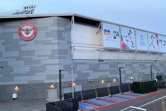 Stadium decked with signs for the forthcoming tournament