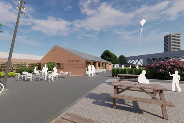 • Artist’s impression of Boston Manor Park’s refurbished café, with new education space and outdoor seating area. Credit: Kaner Olette