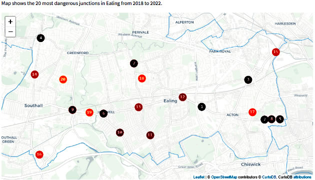 Map of Ealing Borough's most dangerous junctions