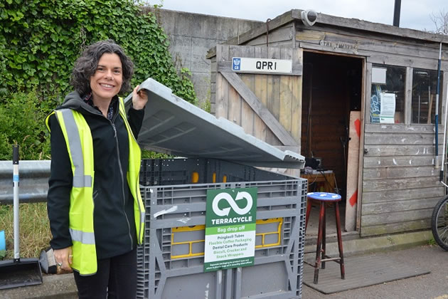 Cllr Deirdre Costigan with the Terracycle deposit bin at Greenford