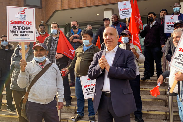 Virendra Sharma MP with striking parking attendants outside Ealing Town Hall