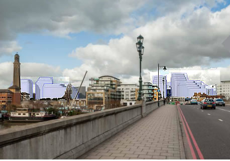 View of planned tower blocks from Kew Bridge